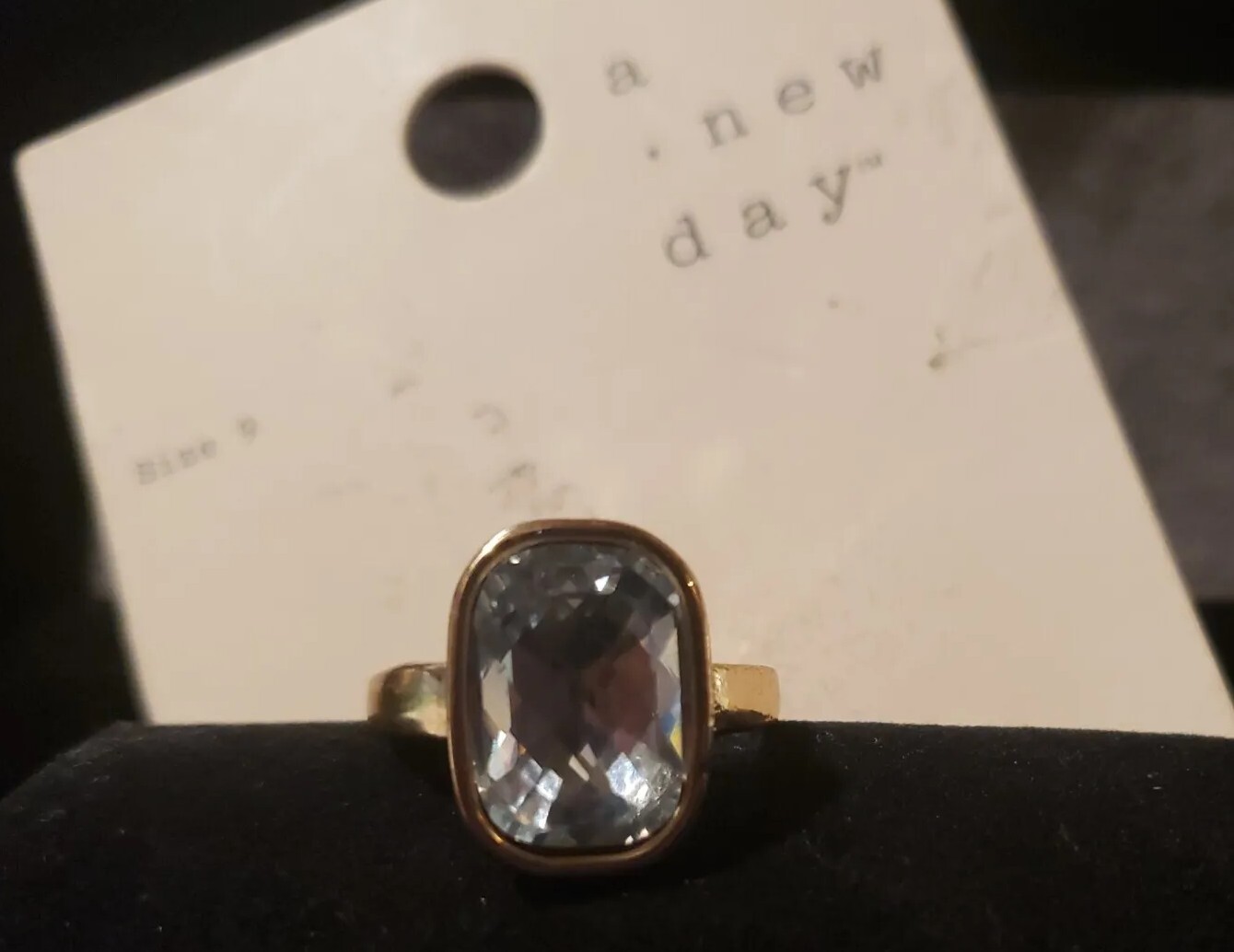 NEW A NEW DAY GOLDTONE RING, LARGE RECTANGLE CRYSTAL STONE, SIZE 9, NWTS $9.99