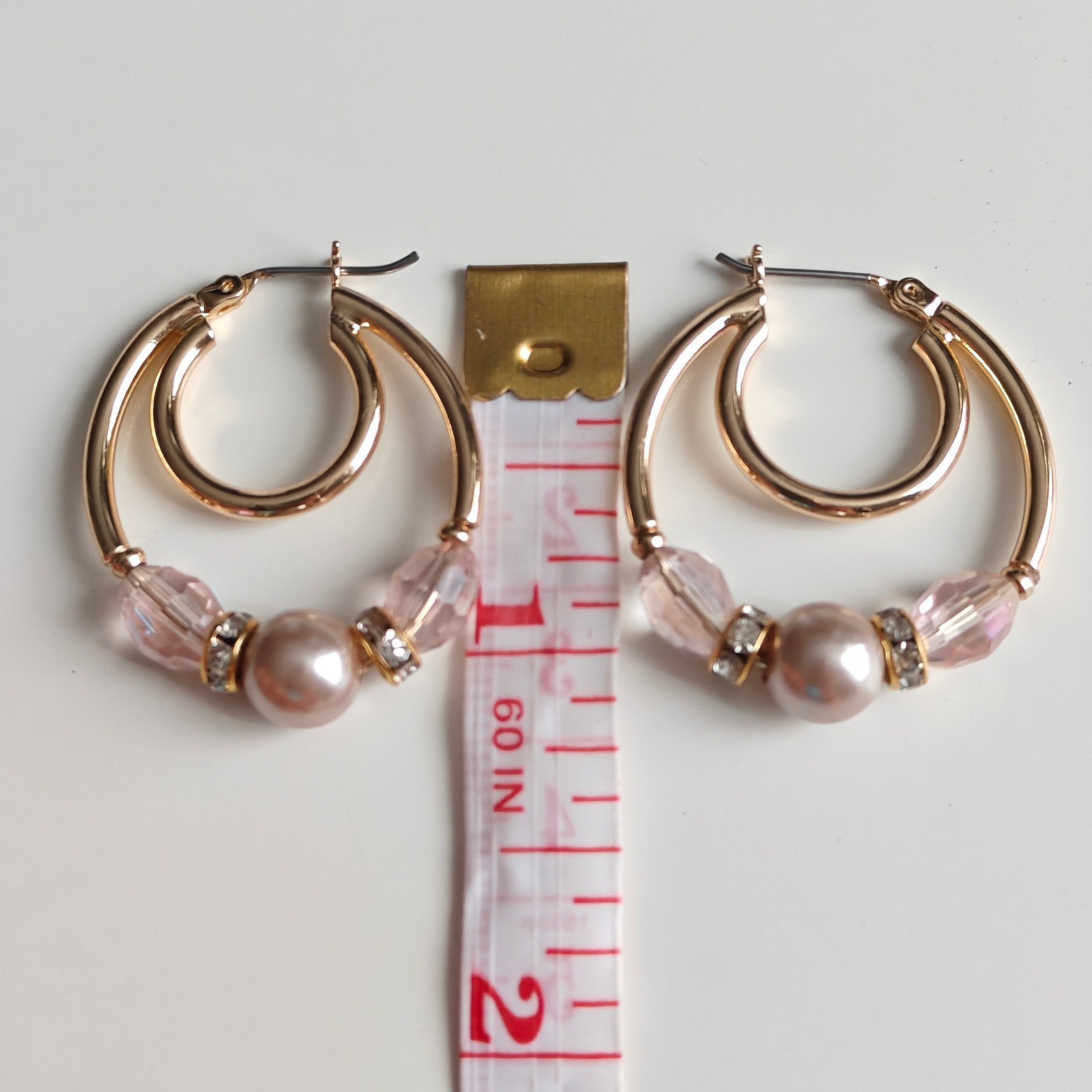 Gold Double Hoop Earrings Pink Faux Pearl Crystal Rhinestone Beaded Latch Back