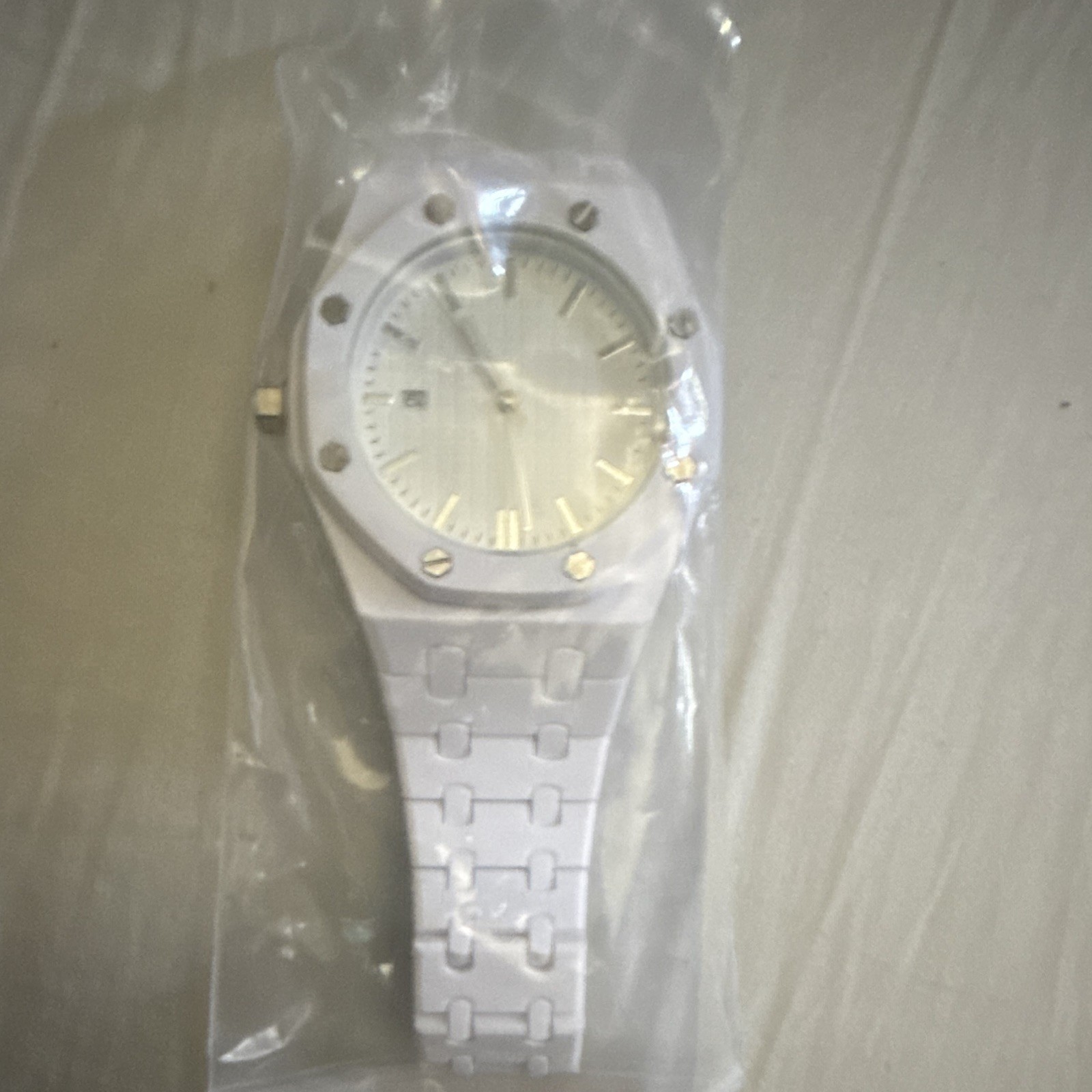 Octagon Analog Wristwatch w/ Date, White Dial, Plastic Bracelet, Unisex