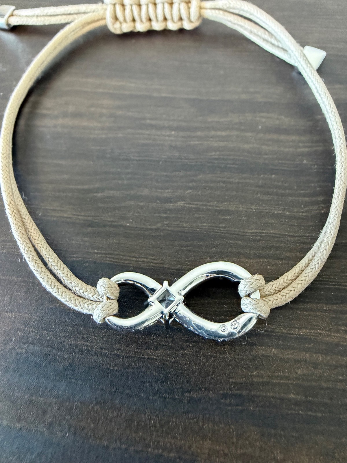 Swarovski Infinity Bracelet Beige Rope Cord Crystal Adjustable Rhodium Plated