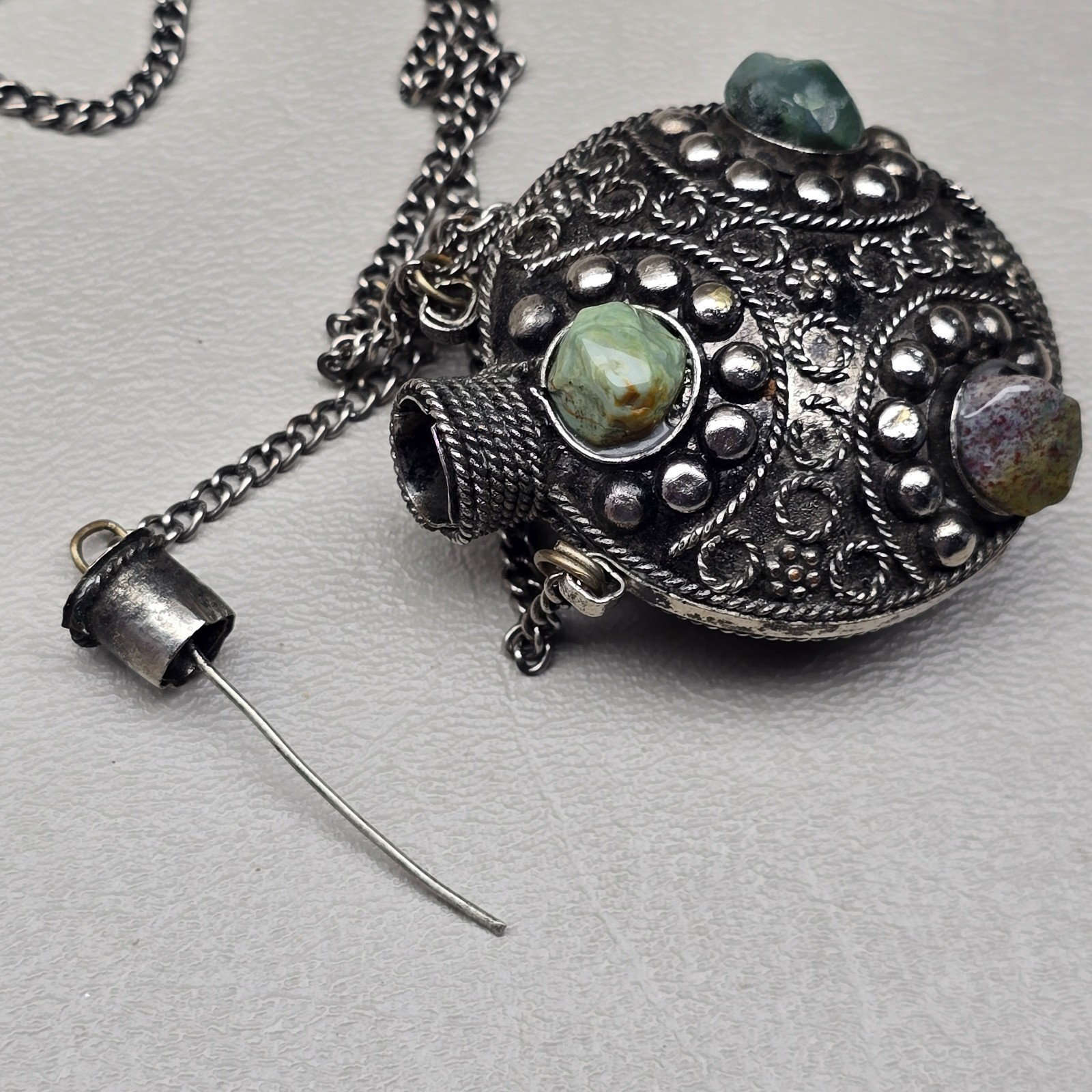 Vintage Perfume Bottle Necklace Filigree Statement Silver Tone 30in READ