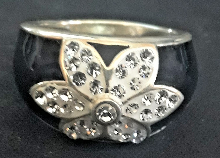 Vintage Sterling Silver & Black Enamel Crystal Flower Ring By CA Sz 9/19.2mm