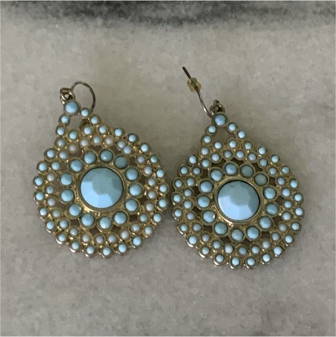 Gold Tone Teardrop Dangle Earrings Metal Hook Lobe Light Blue Round Bezel