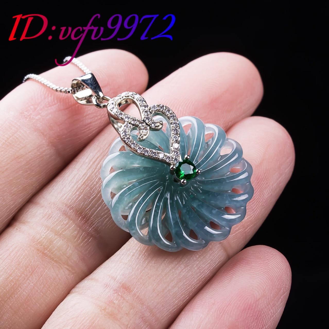 Myanmar Jadeite Flower Pendant Necklace Accessories Amulet 925 Silver Real Jade