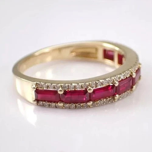 July Birthstone Gift Emerald Cut Natural Ruby & Diamond Eternity Band 14K Gold