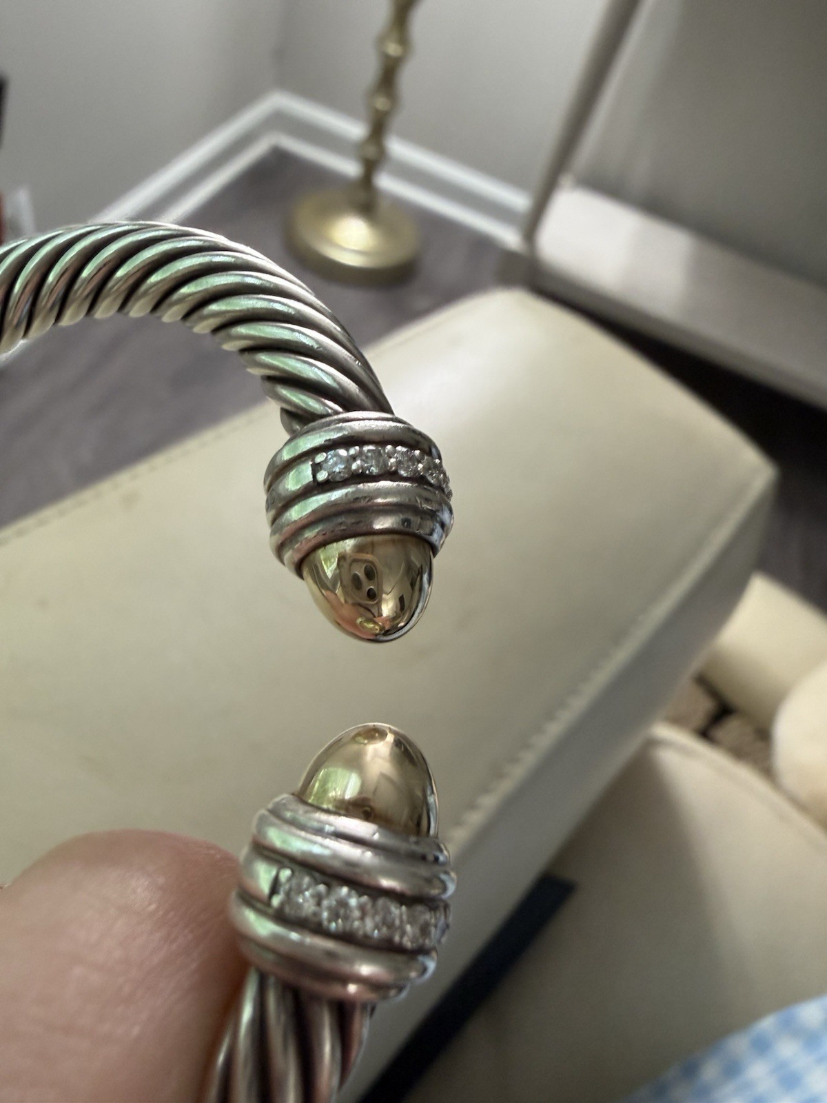 David Yurman Sterling Silver 18K Gold Diamond Cuff Bracelet 7 mm. Cable Classic