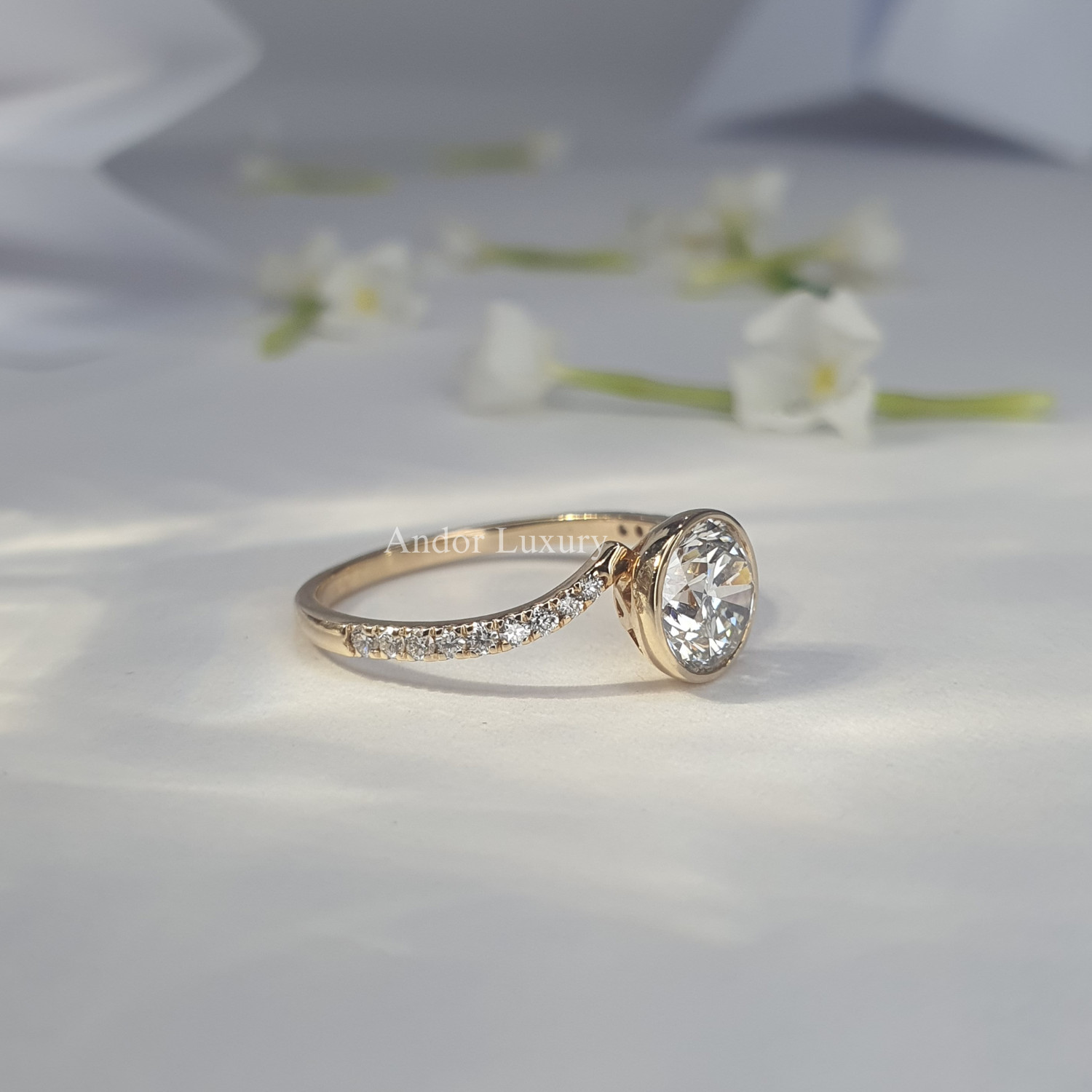 1.24 ct Lab Grown Round Diamond Side Stone Ring in 14K Yellow Gold For Women