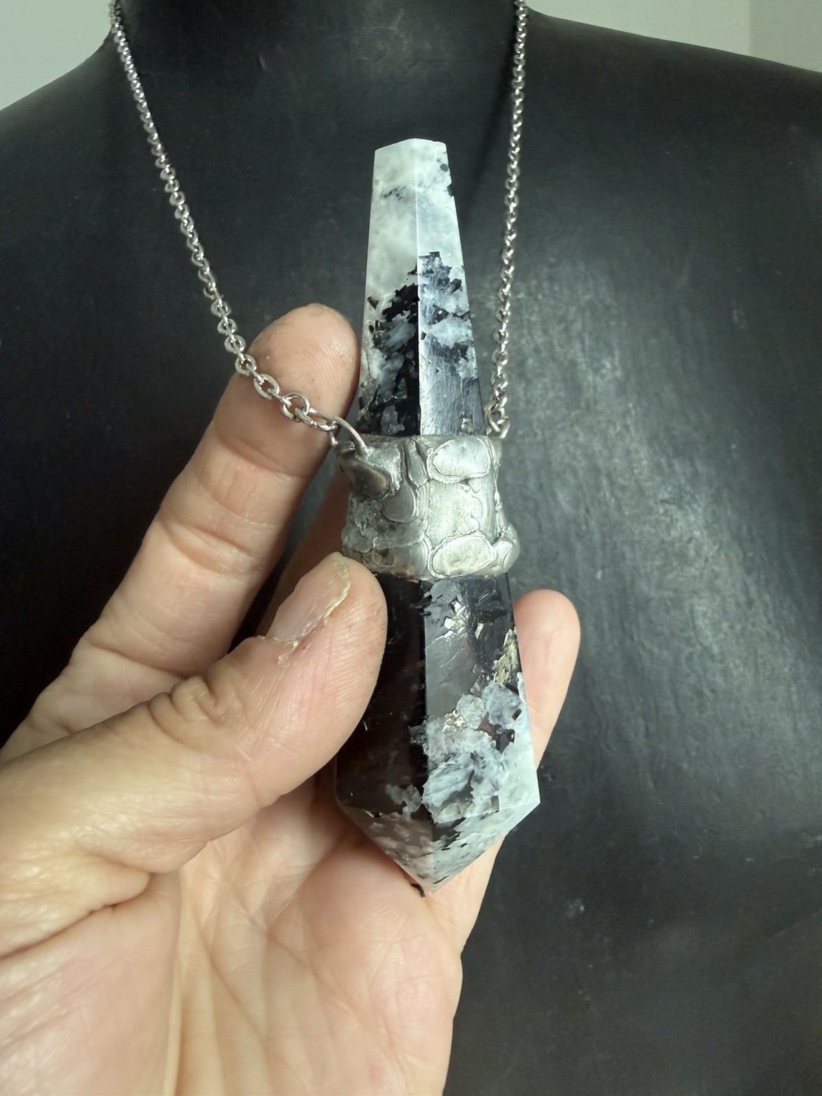 Moonstone black tourmaline crystal necklace pendant talisman statement jewelry