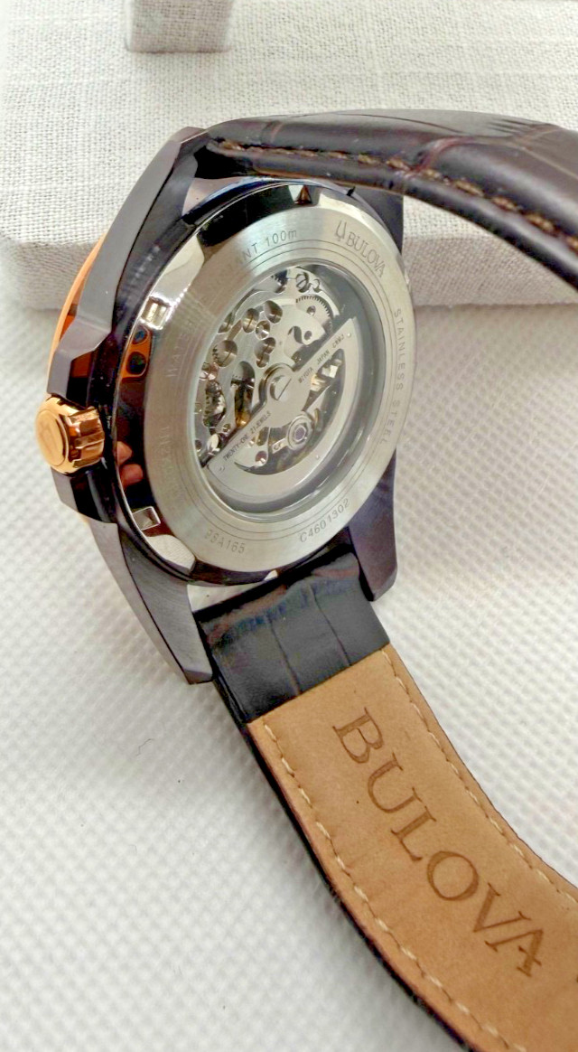 Bulova Automatic Skeleton Rose Gold Brown Leather Strap Open Heart Full Set