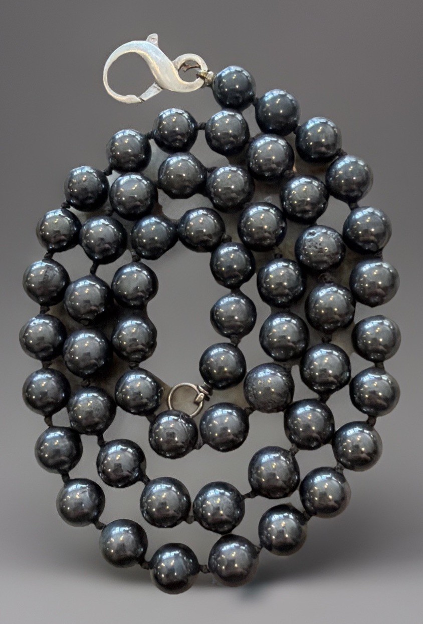 Vintage Hematite Beaded Necklace With A Large 925 Lobster Clasp Hand Knotted H12