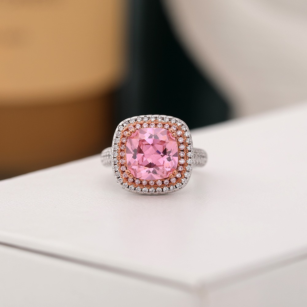 Pink and Yellow Square Zirconia Ring, Adjustable