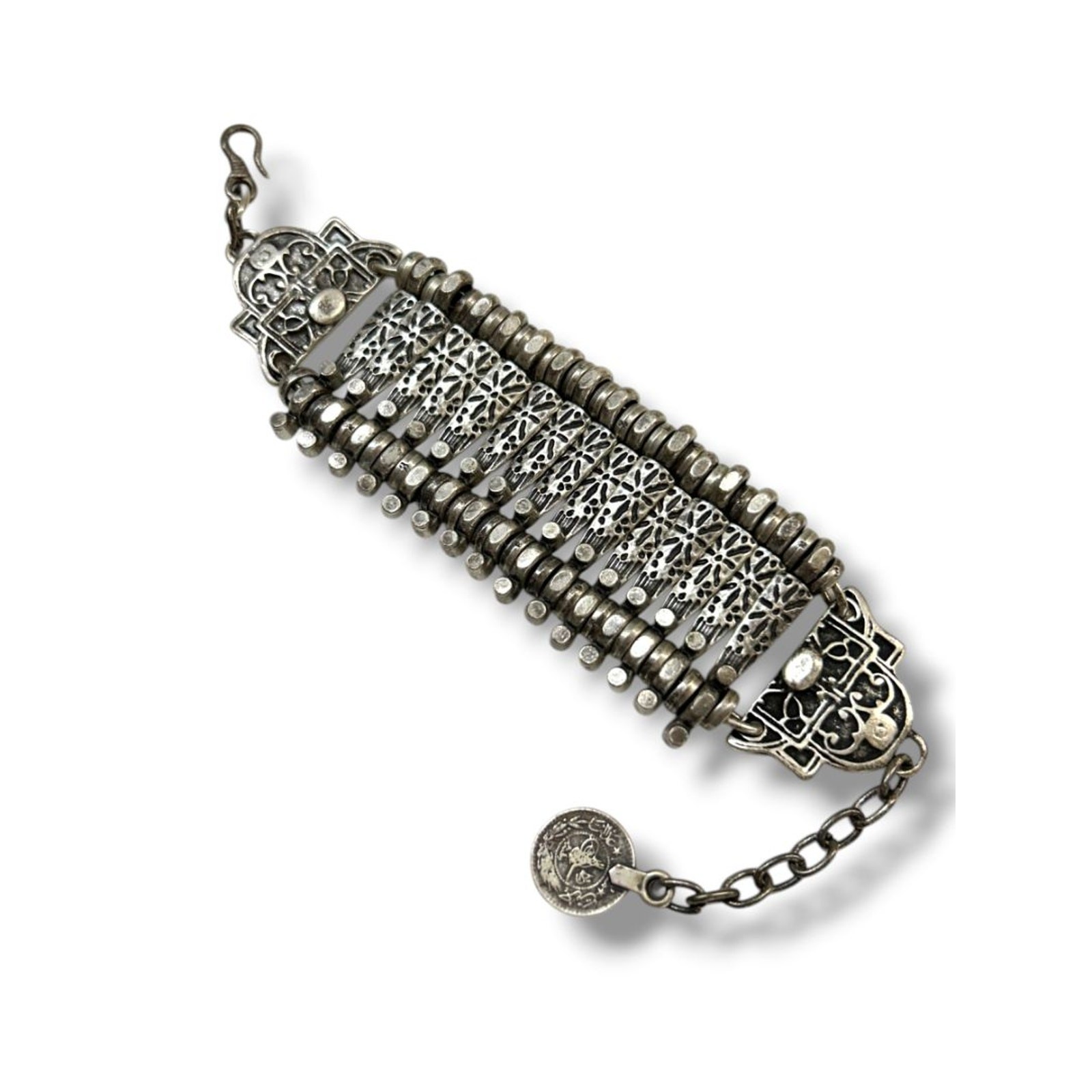 Vintage Turkish Silvertone Coin Link Bracelet Boho 7-8″ Lobster Clasp
