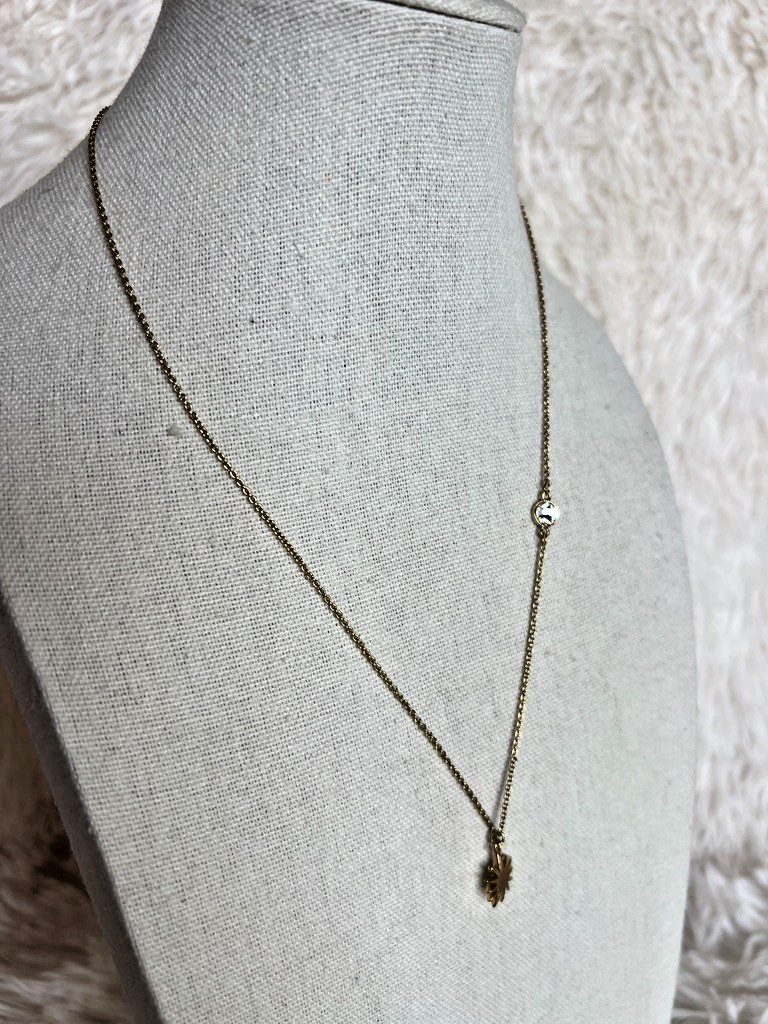 Alexa’s Angels Gold Tone Necklace Sunburst Charm Crystal Dainty Minimalist 17″