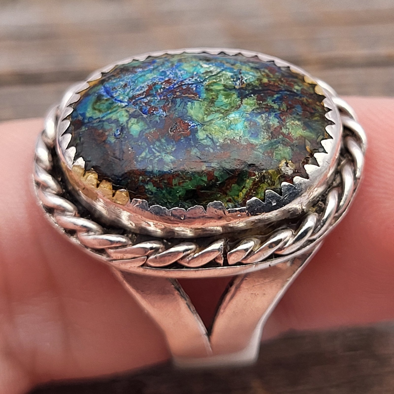 Beautiful Solid 925 Sterling Silver Oval Azurite Malachite Ring