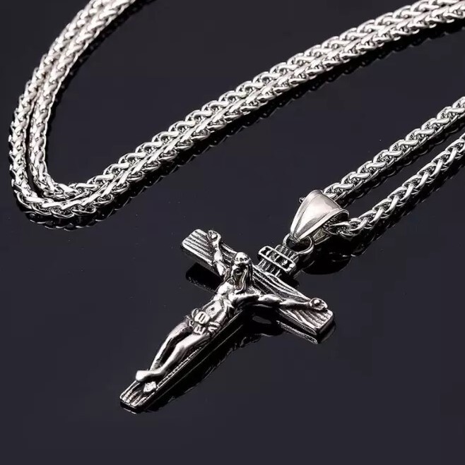 Mens Silver Stainless Steel Jesus Christ Crucifix Cross, Necklace Chain 24″