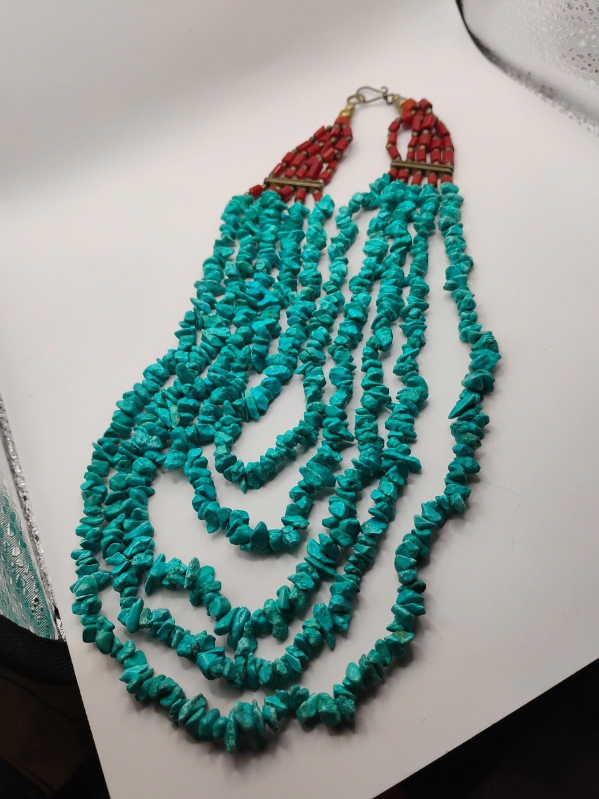 Silver Beaded Turquoise & Red Coral 5 Strand Bib Cascade Waterfall Necklace 18″