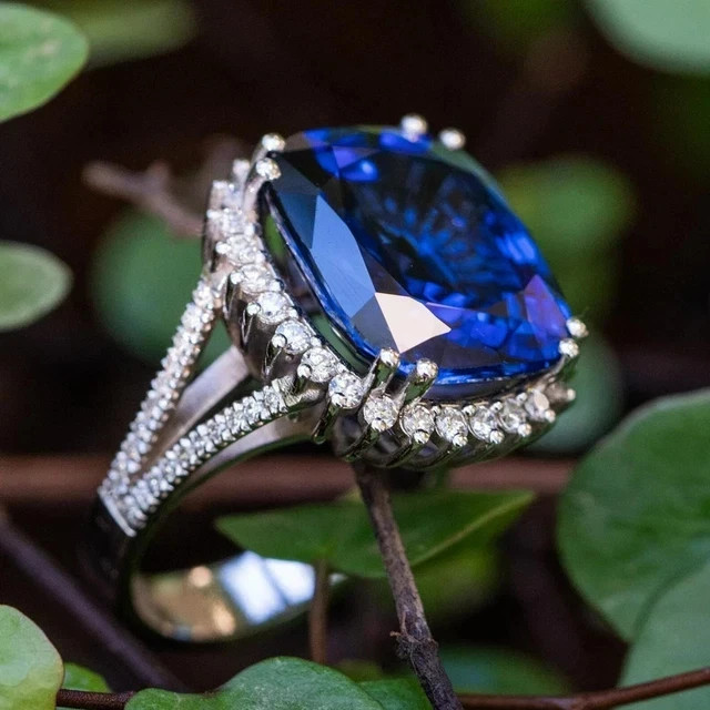 3CT Cushion Cut Lab-Created Sapphire Diamond Wedding Ring 14K White Gold Plated