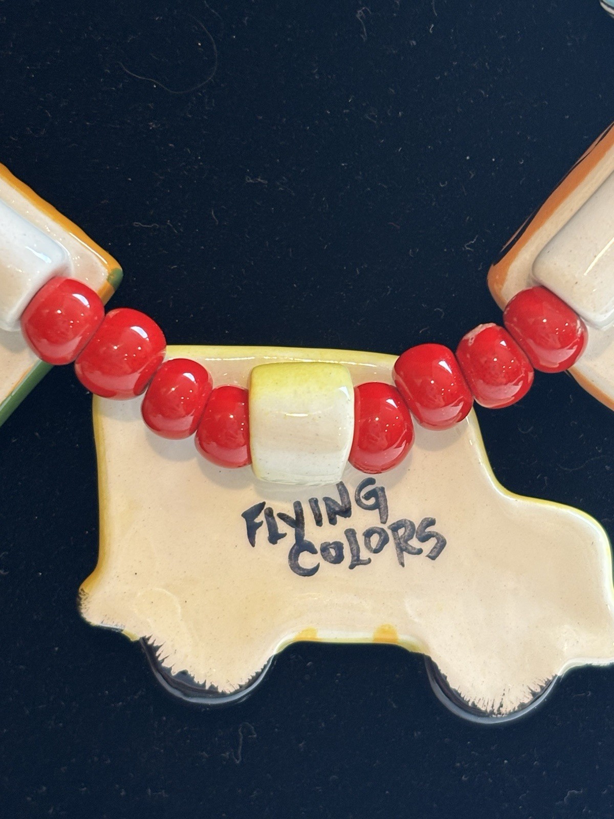 Vintage Flying Colors Ceramic School Bus Teacher Necklace Dick Jane 1980s