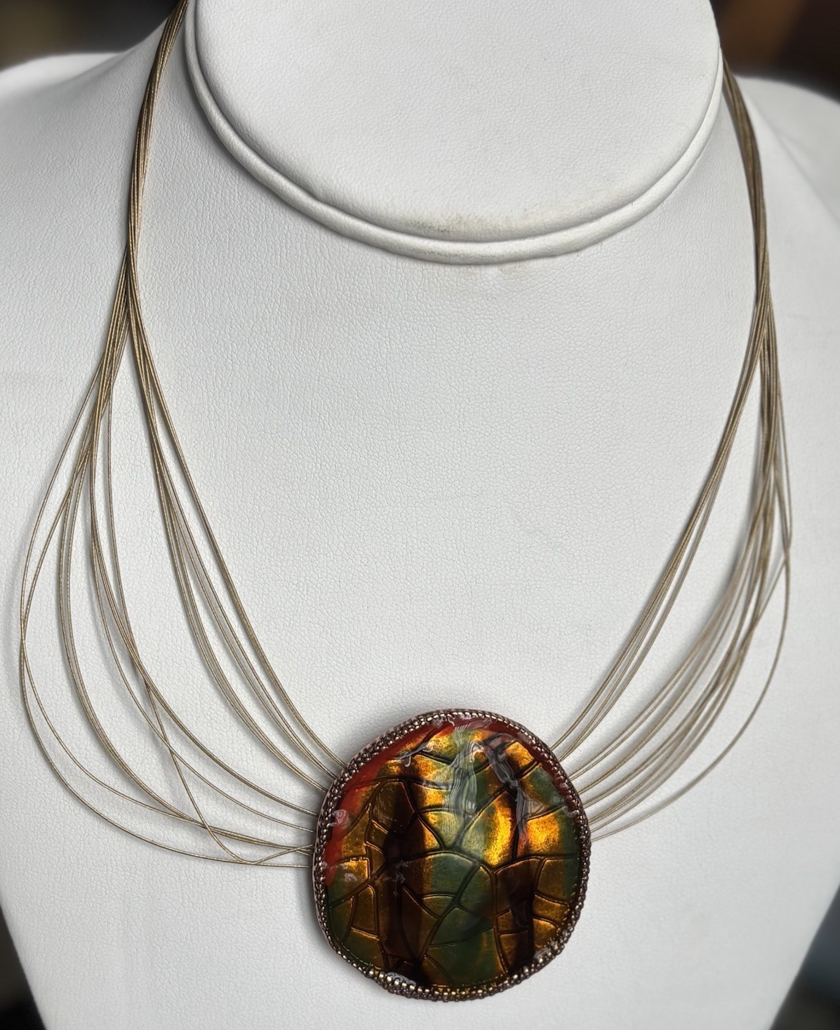 Enamel Pendant Multi Color Multi Strand Coated Wire Choker Necklace 19” Boho