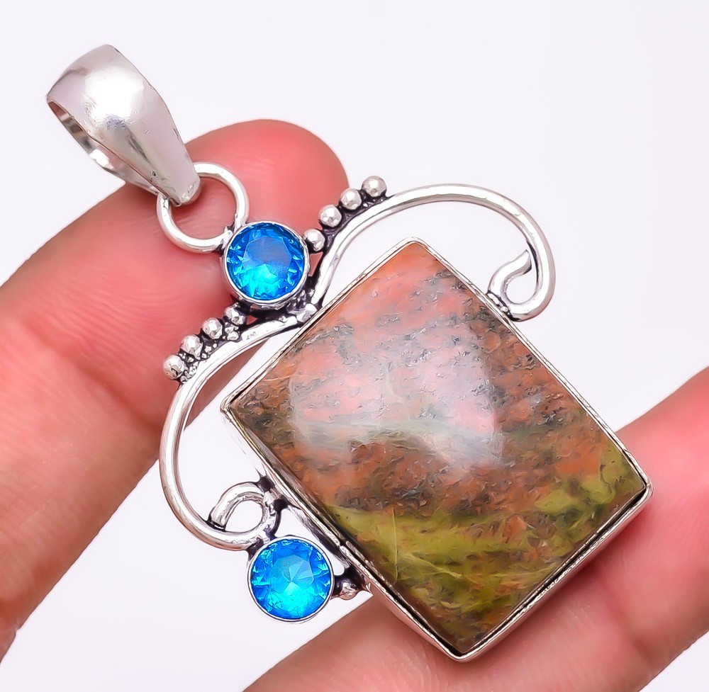 Natural Unakite & Blue Topaz Gemstone 925 Silver Plated Pendant 2.1″ S191