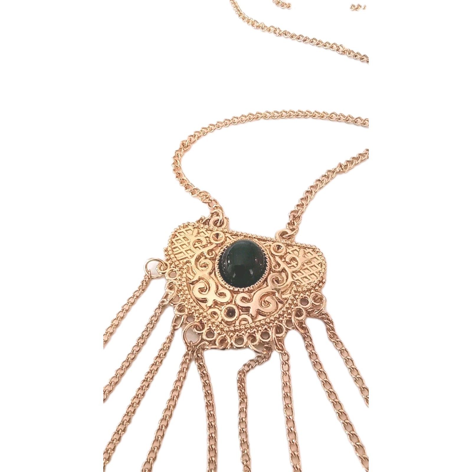 Vintage Tassel Dangle Necklace Faux Black Onyx Gold Tone 28 in