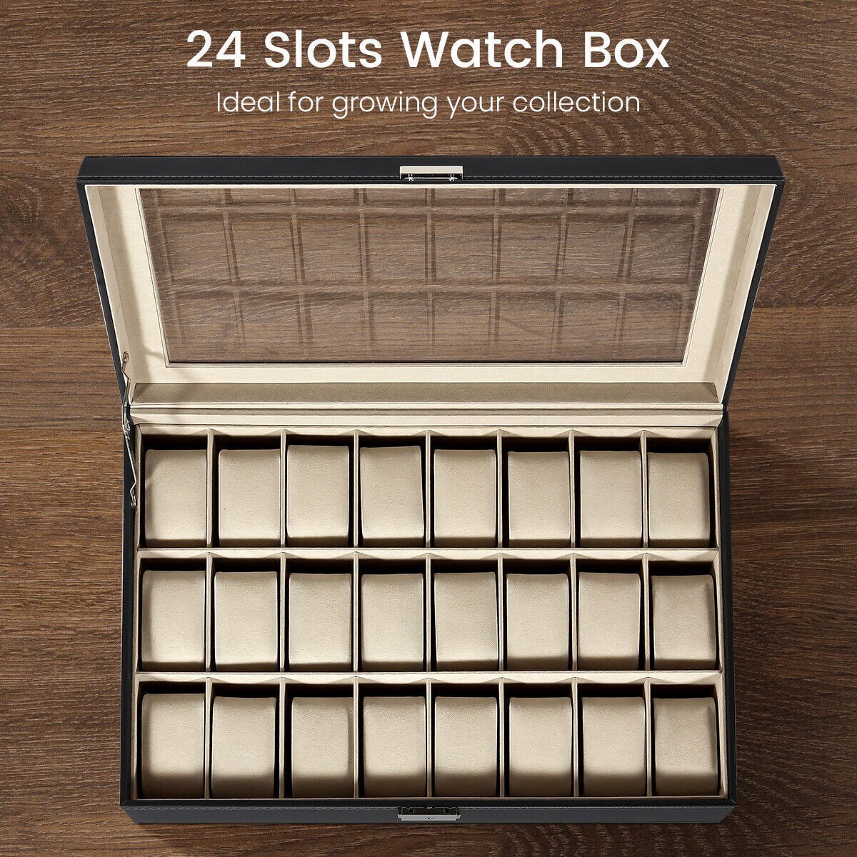 24 Slots Watch Box PU Leather Watch Case Organizer Watch Display Case Lockable ;