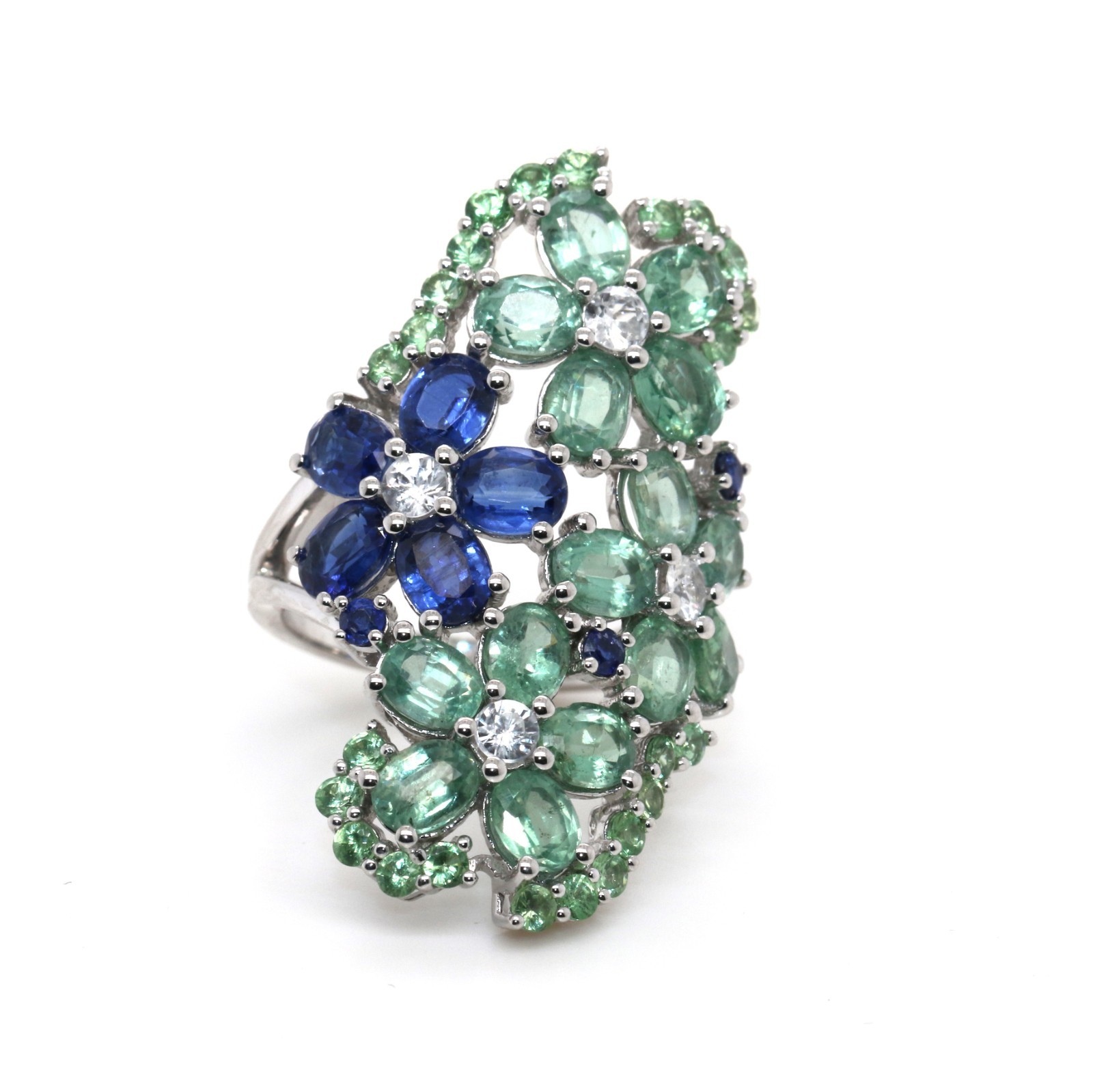 925 Tsavorite / White Zircon / Kyanite Ring