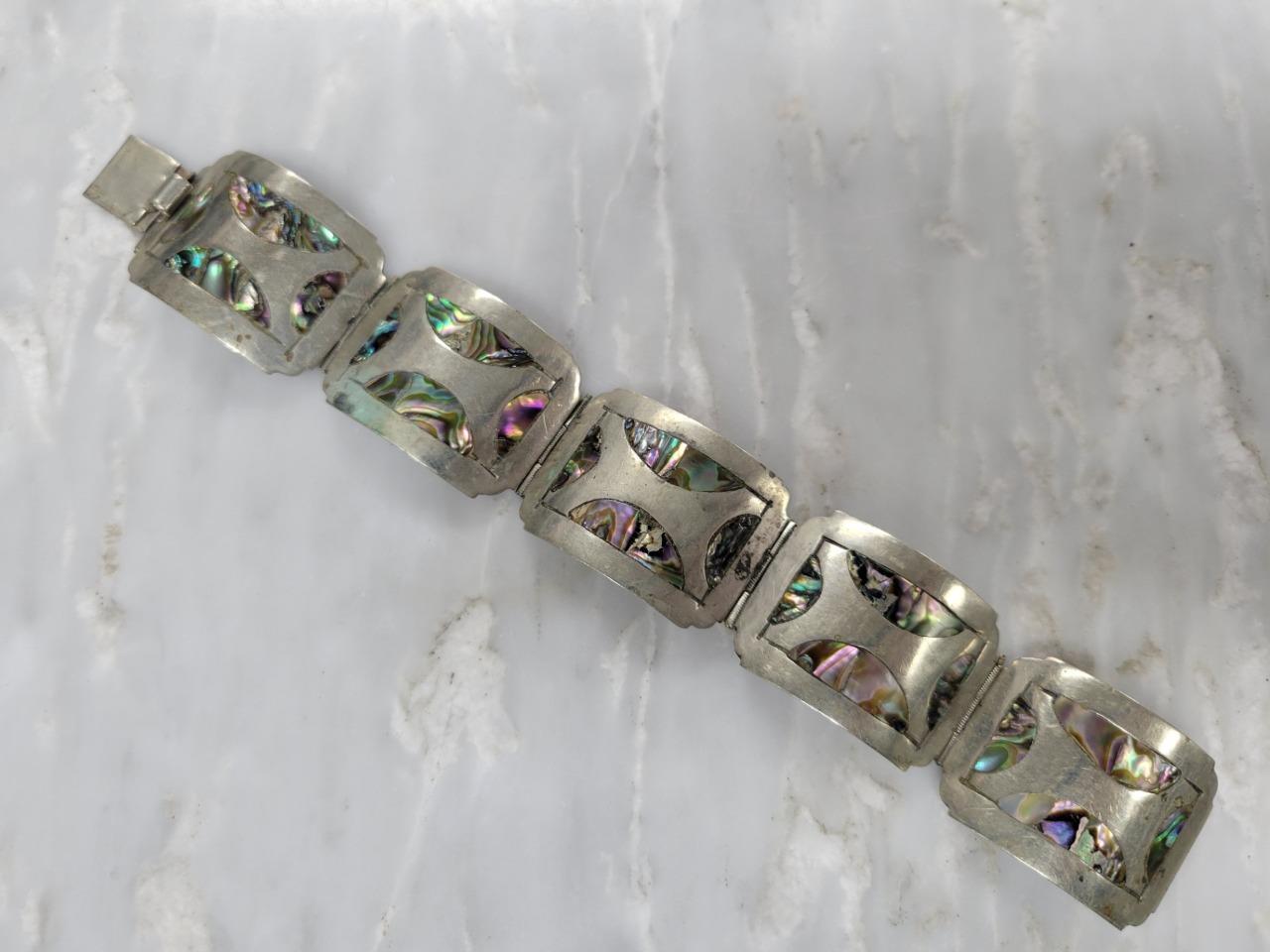 Taxco N.S Sterling Silver Inlaid Abalone 6.75″ Panel Bracelet 36.3g~ 17-I1334