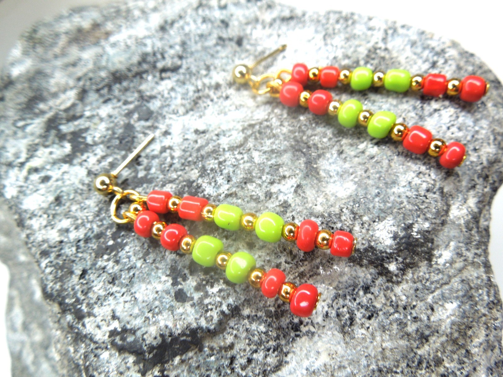 Red and Green Earrings 24K Gold Filled Posts Glass Seed Beads Handmade
