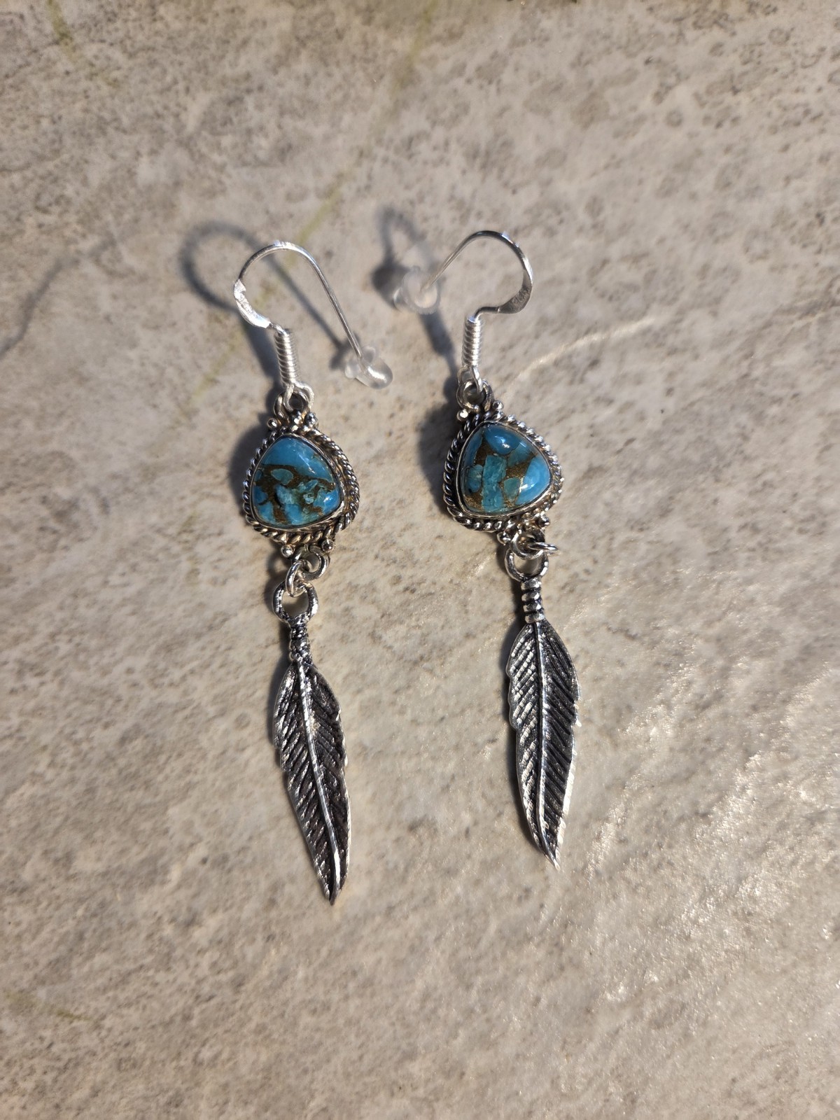 Genuine Turquoise W/ Feather Sterling Silver Dangle Earrings E20