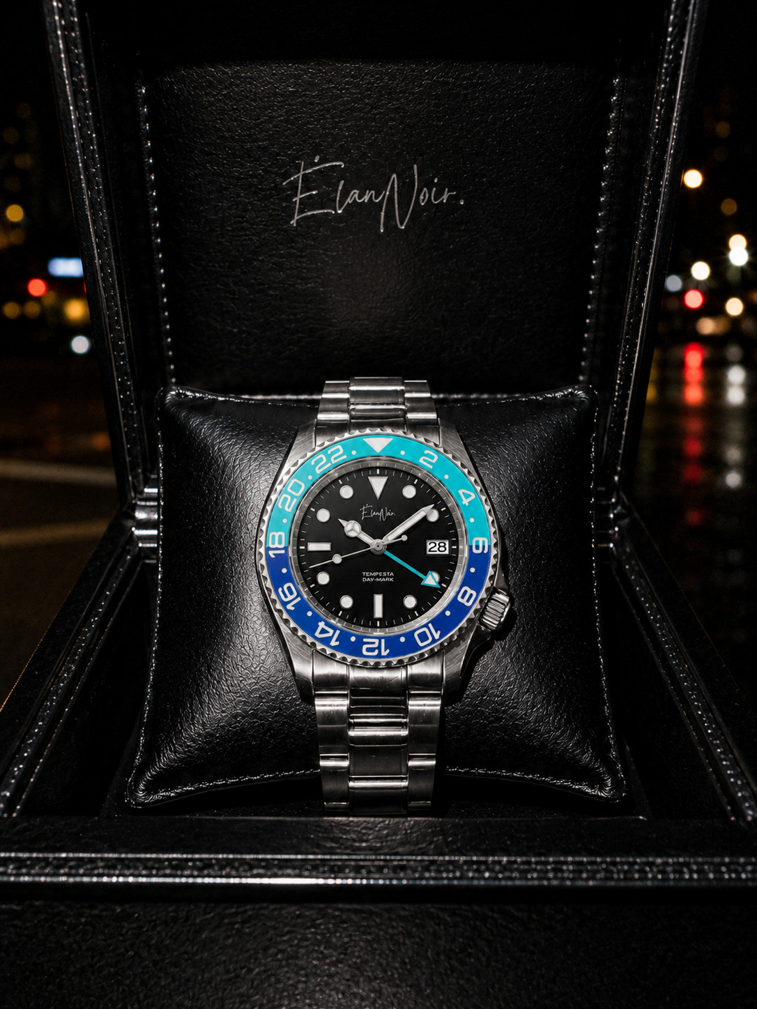 Élan Noir Tempesta GMT Automatic Men’s Watch 41mm Steel Black Dial Blue Bezel