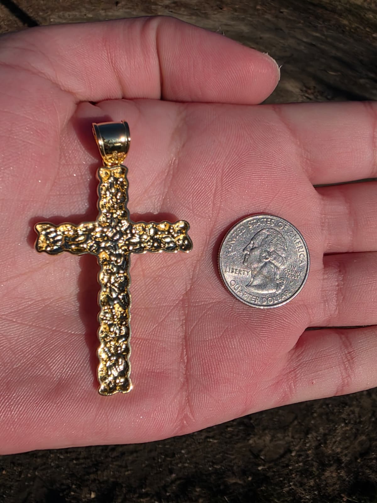 Men’s Large Gold Nugget Cross Solid 925 Silver 14K Gold Plated Necklace