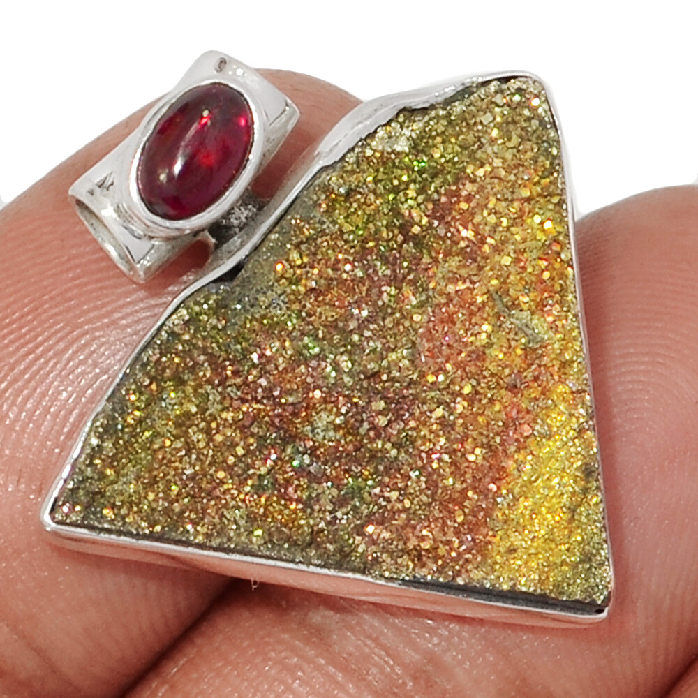 Treated Rainbow Pyrite Druzy – & Garnet 925 Silver Pendant CP65458