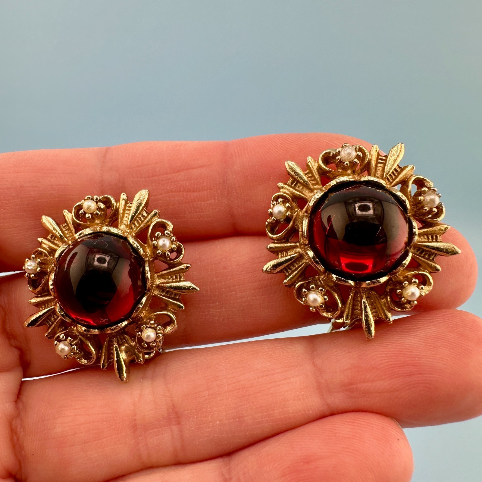 Vintage Clip On Earrings Red Glass Cabochon Gold Tone Faux Pearl Etruscan Rev