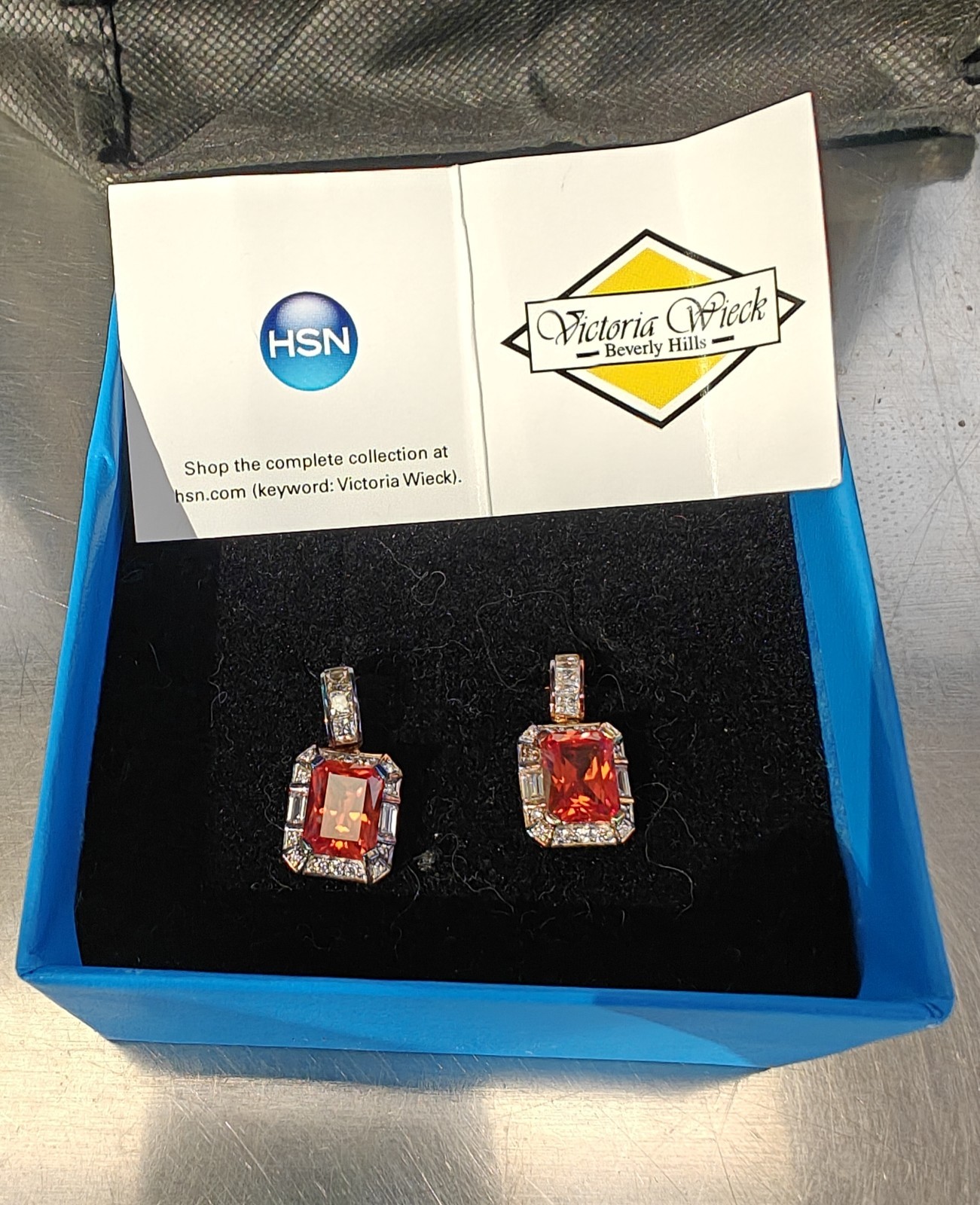 Victoria Wieck Padparadscha Sapphire Earrings rare & emerald-cut orange gemstone