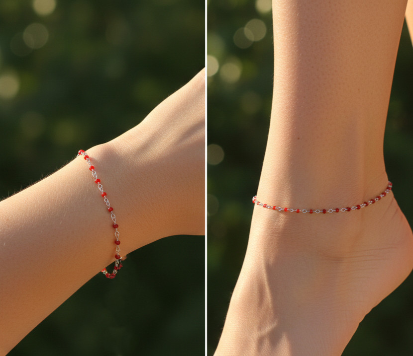 Delicate Minimalist Silver Tone Beaded Bracelet with Vibrant Ruby Red Stones