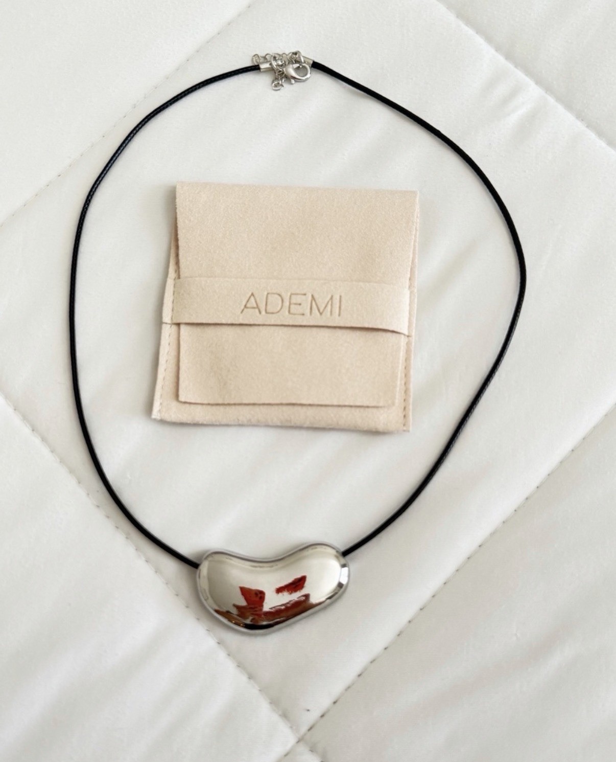 ADEMI Black Cord Necklace Silver Tone bean Pendant