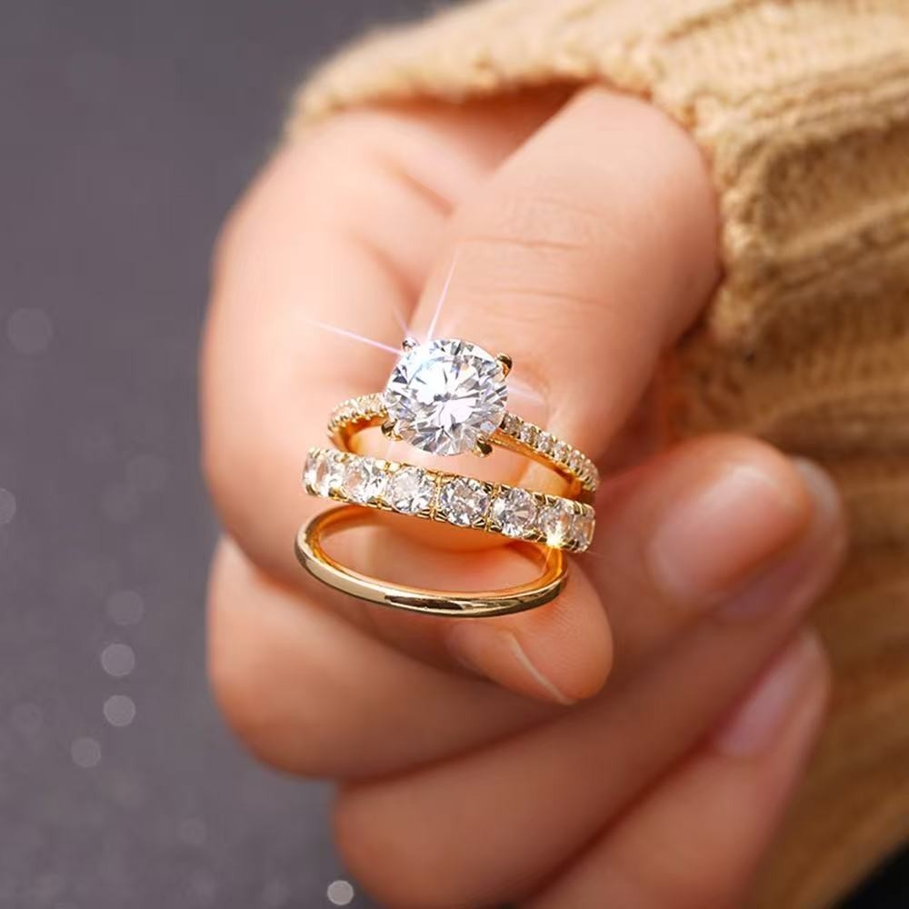 ONE SET 3 PCS Fashion Women 18K Gold Plated Sparkling CZ Sparkling Band Ring