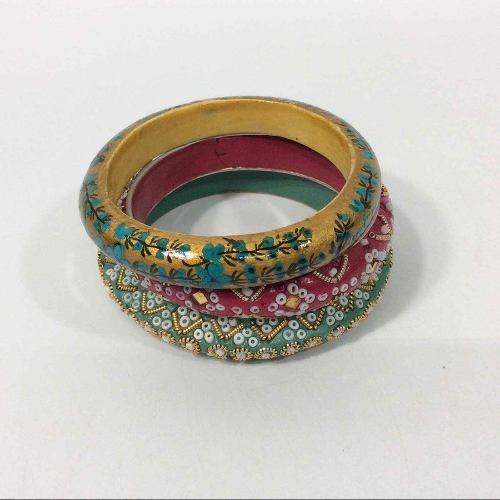 Lot Of 3 Bangle Bracelets Green Gold White Red Turquoise Cloisonne Floral