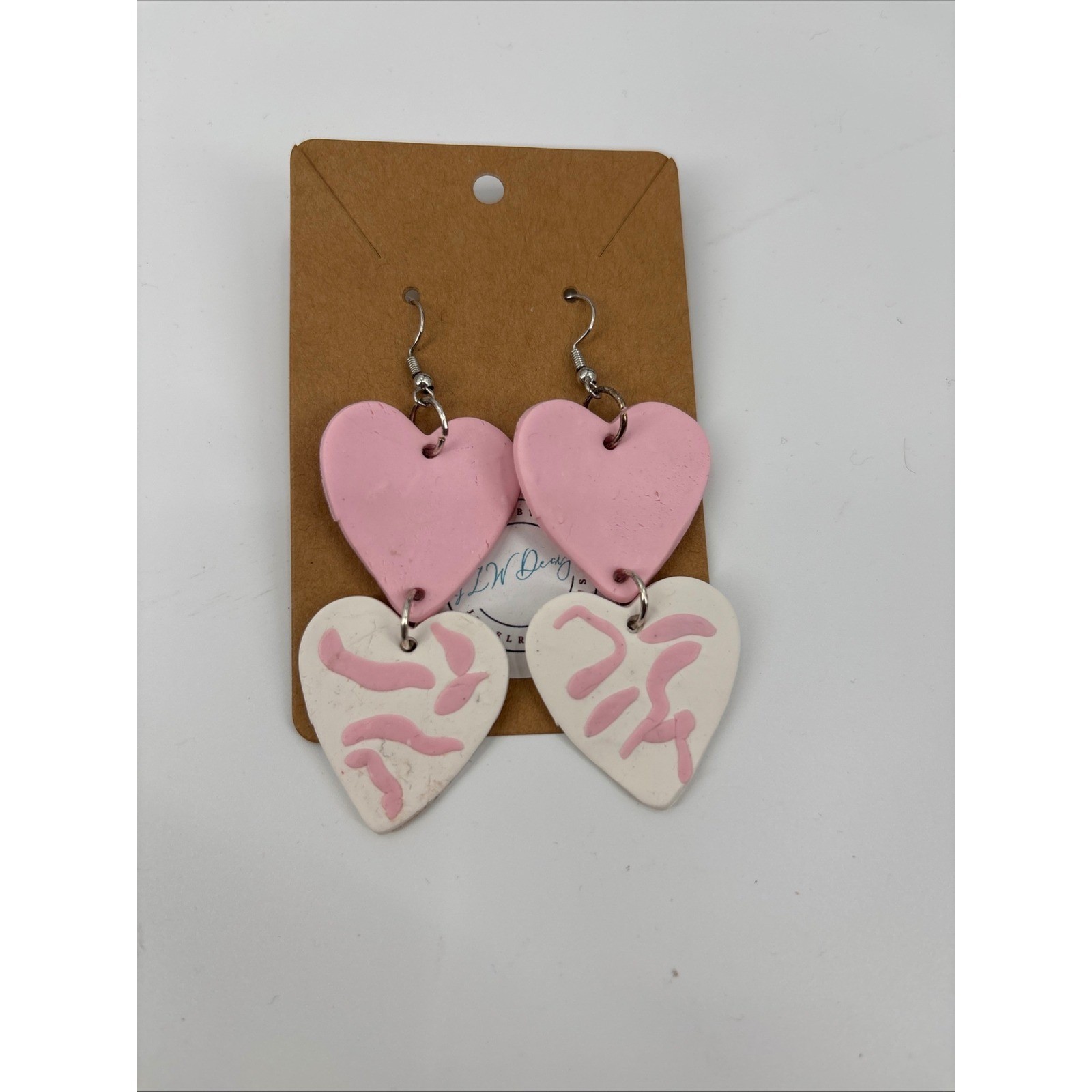 Handmade pink white Heart Dangle polymer clay Earrings Abstract Valentine