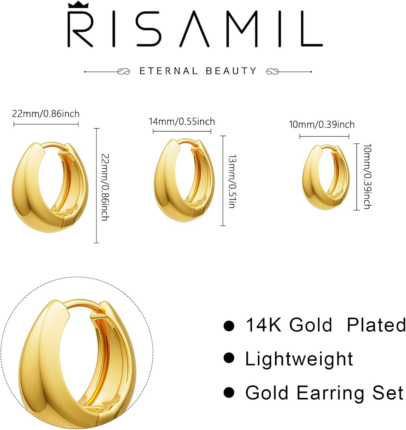 3Pairs Gold Hoop Earrings for Women Trendy, 14K Gold Plated Hoops Huggie Earring