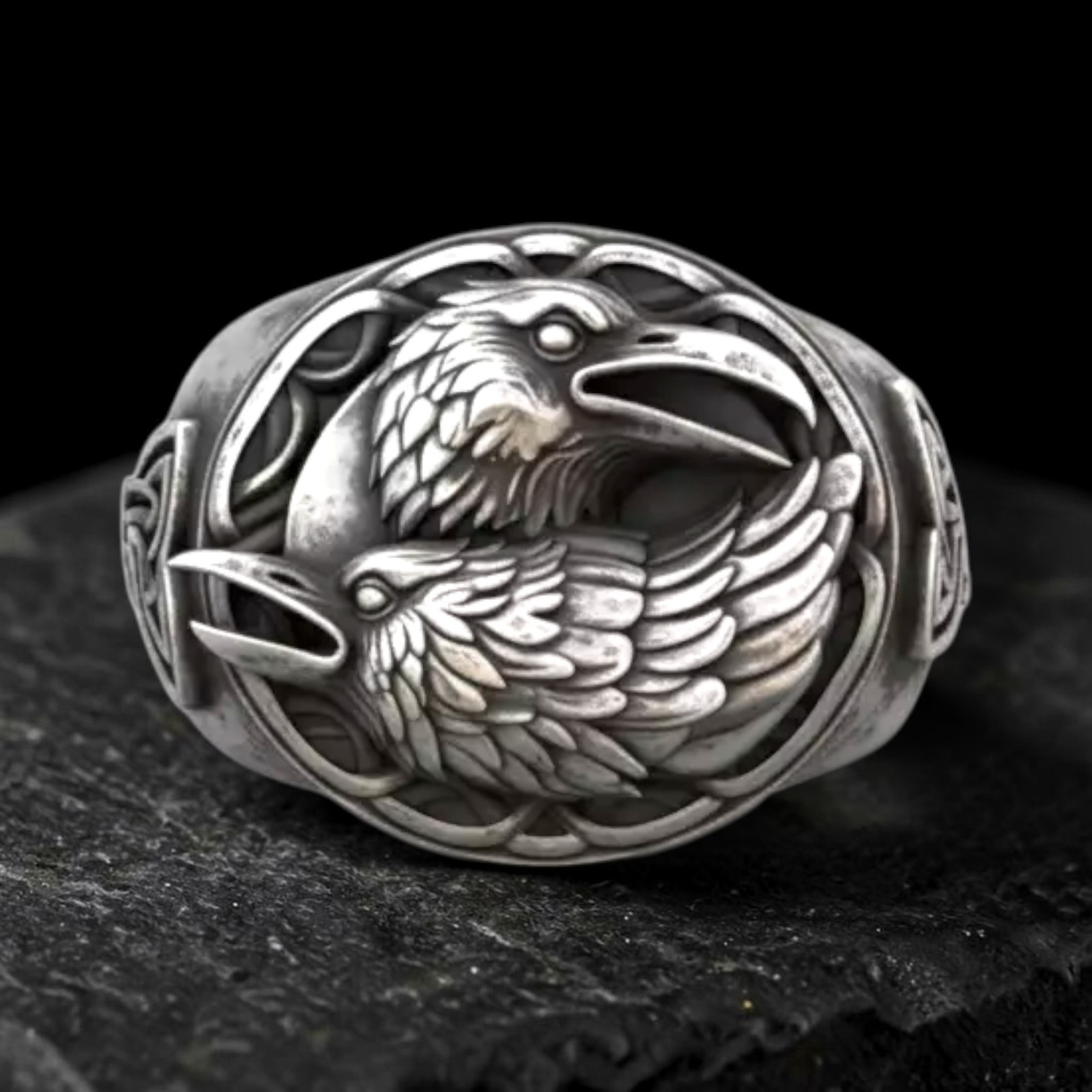 Sterling Silver Viking Raven Ring, Odin Huginn Muninn Norse Signet, Celtic Knot