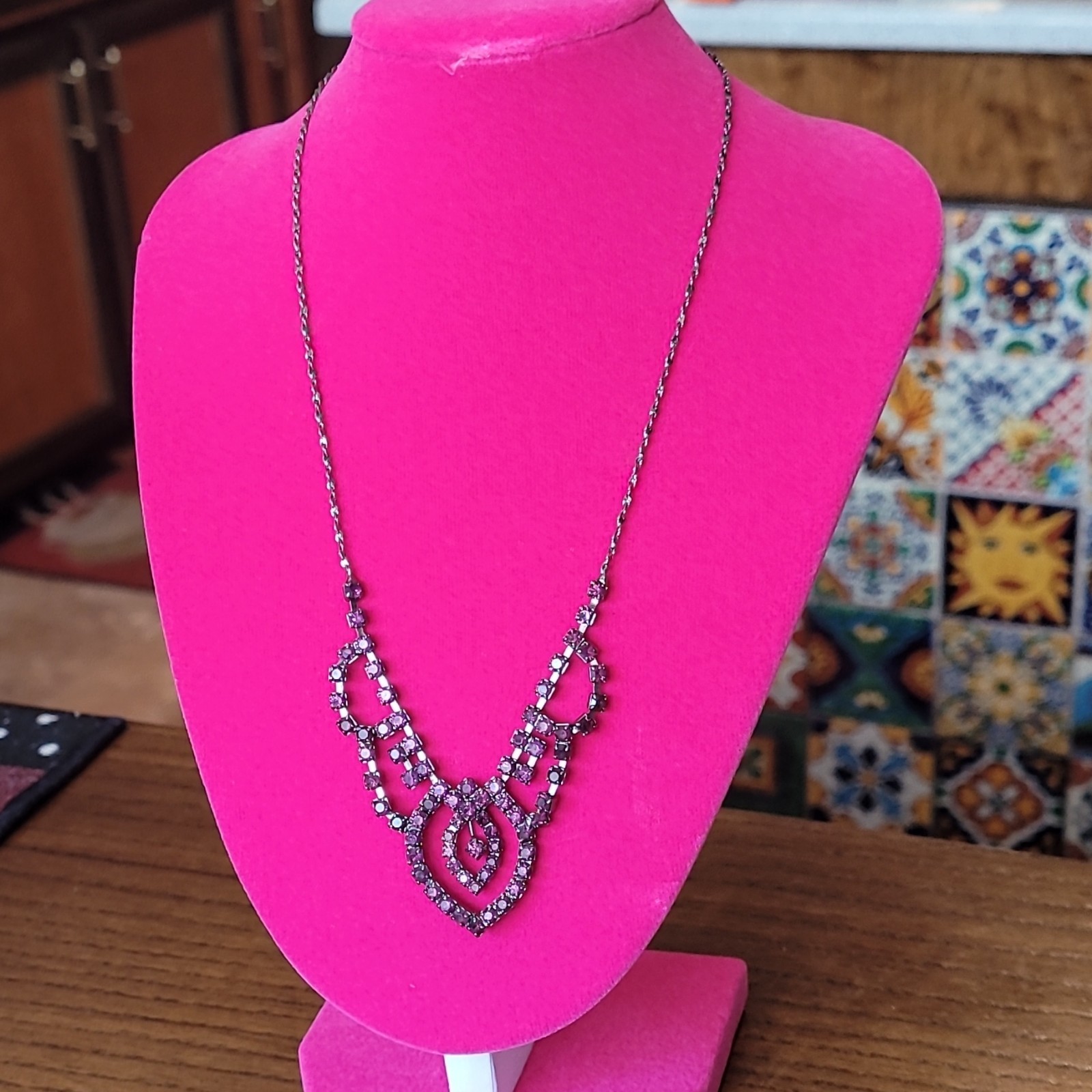 Vintage Daire’s Signed Black Tone with dark pink Rhinestone Statement Necklace