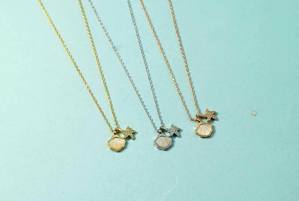 Tiny Silver/Gold/Rose Gold Pave CZ Shell Starfish Pendant Chain Necklace