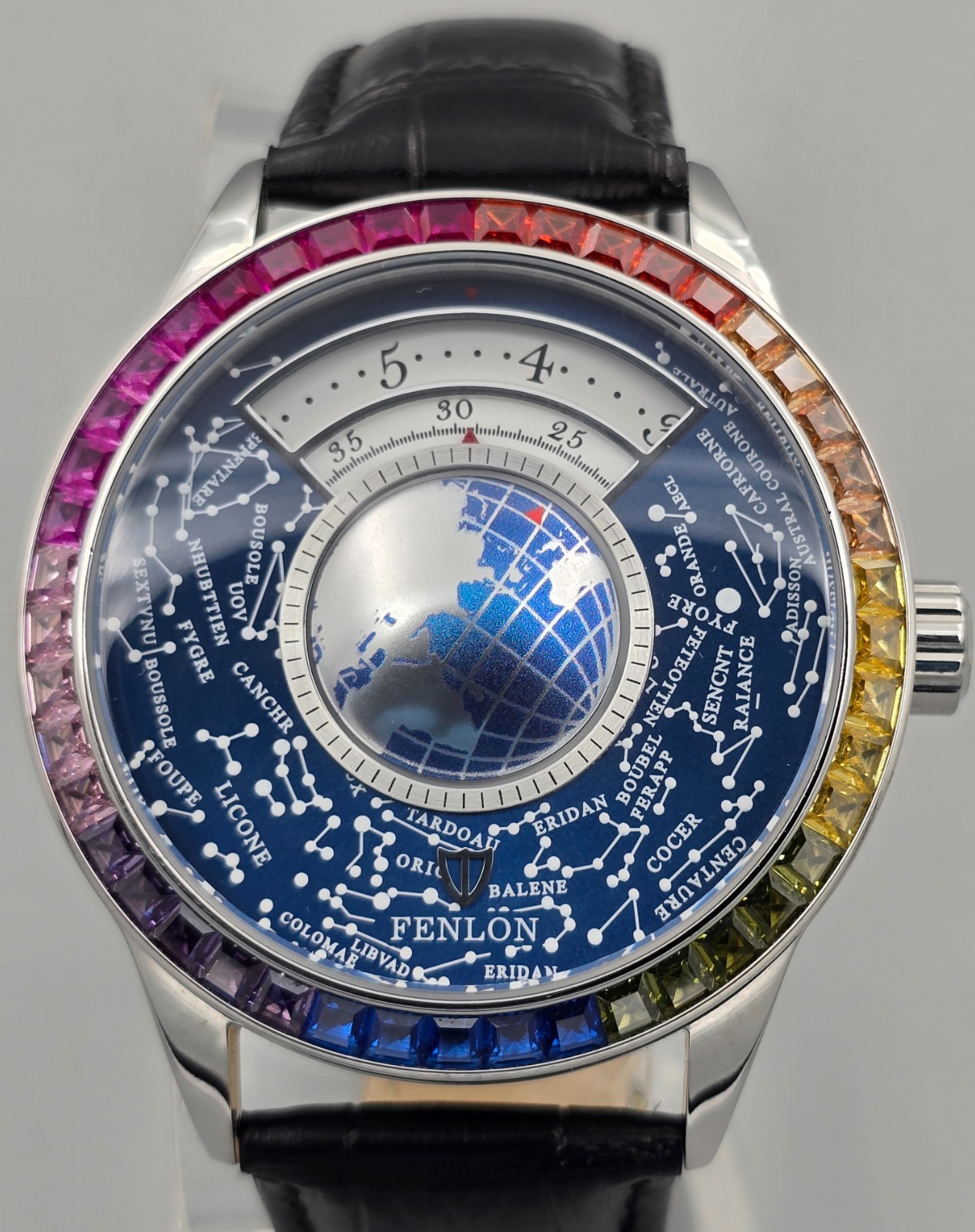 Fenlon Automatic Jump Hour Globe Astronomical Rainbow Bezel Men’s Watch