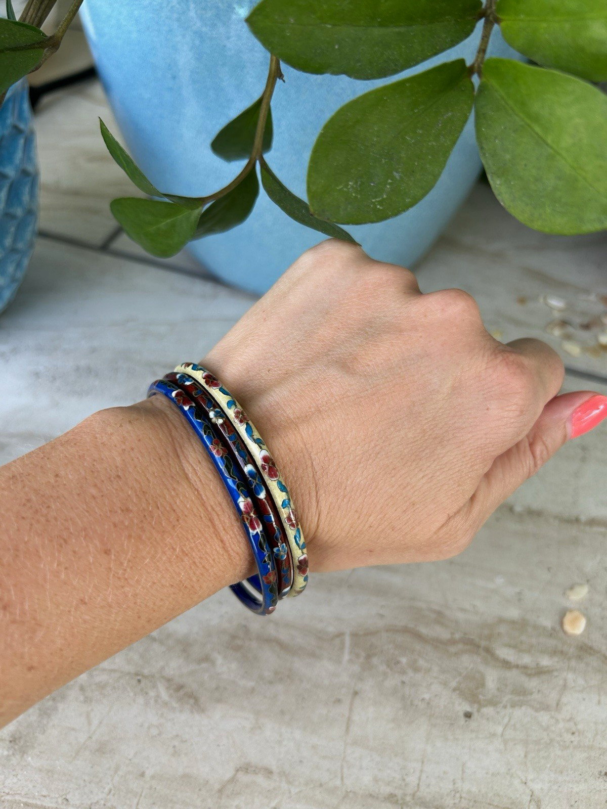 Boho Enameled Cloisonné Bangle Bracelet Set of 3 Round No Closure