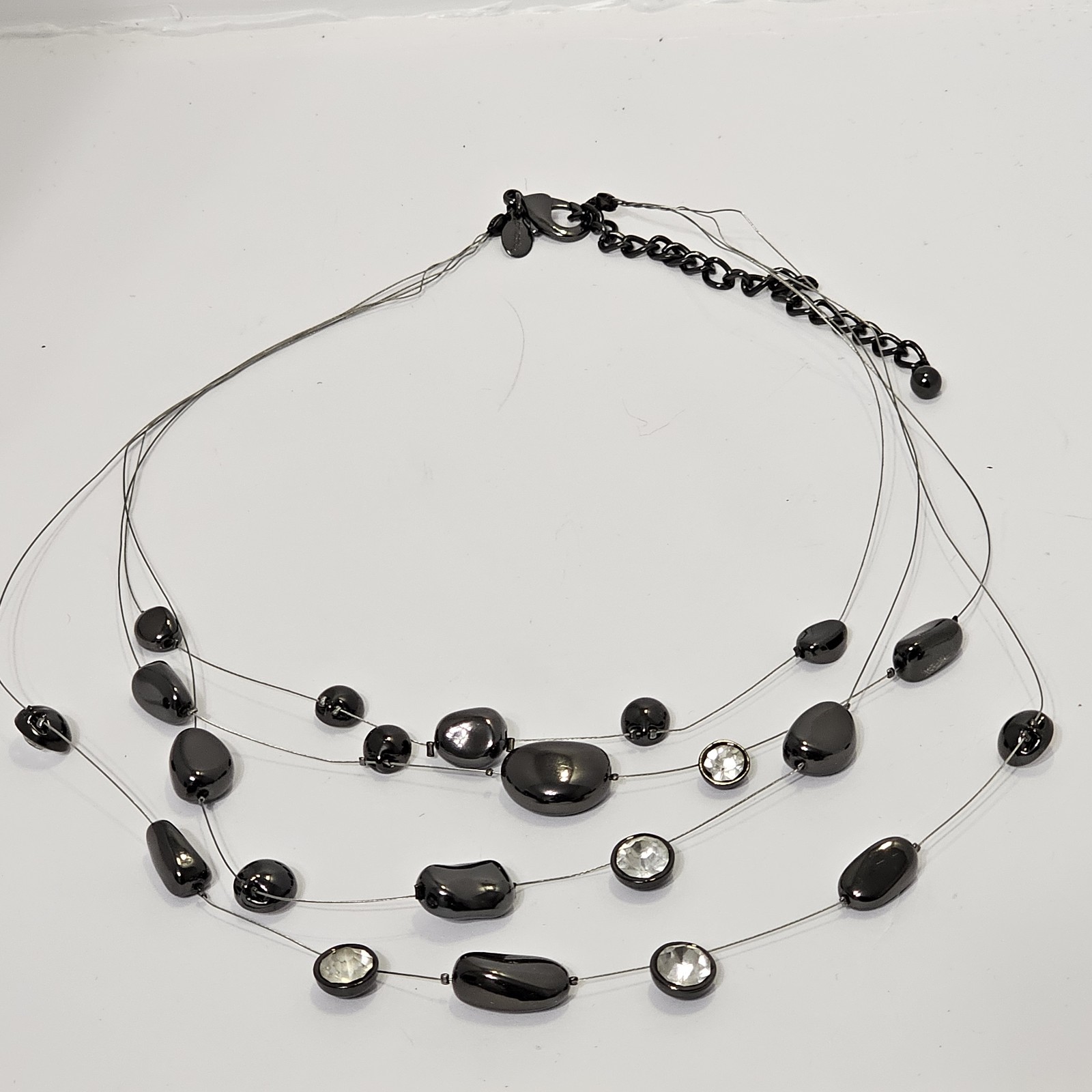 Chicos Multi Strand Illusion Necklace Black Metallic Beads Clear Rhinestones Wow