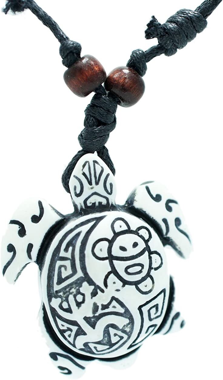 Lot of 2, White & Brown Wood Turtle Pendant Rope Necklace, Sun, Cotton Cord
