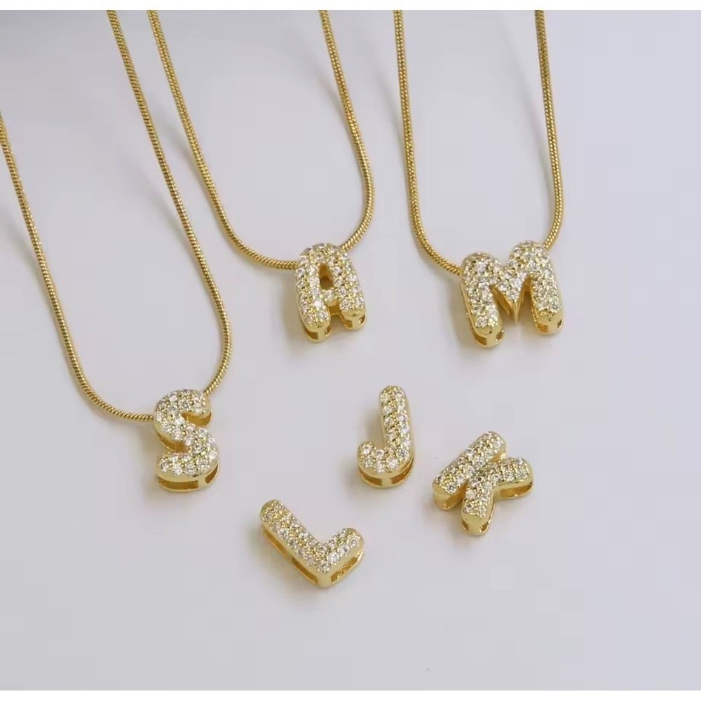 18k Gold Played Initial Pendant Necklace Cubic Zirconia Letter Bubble Chain