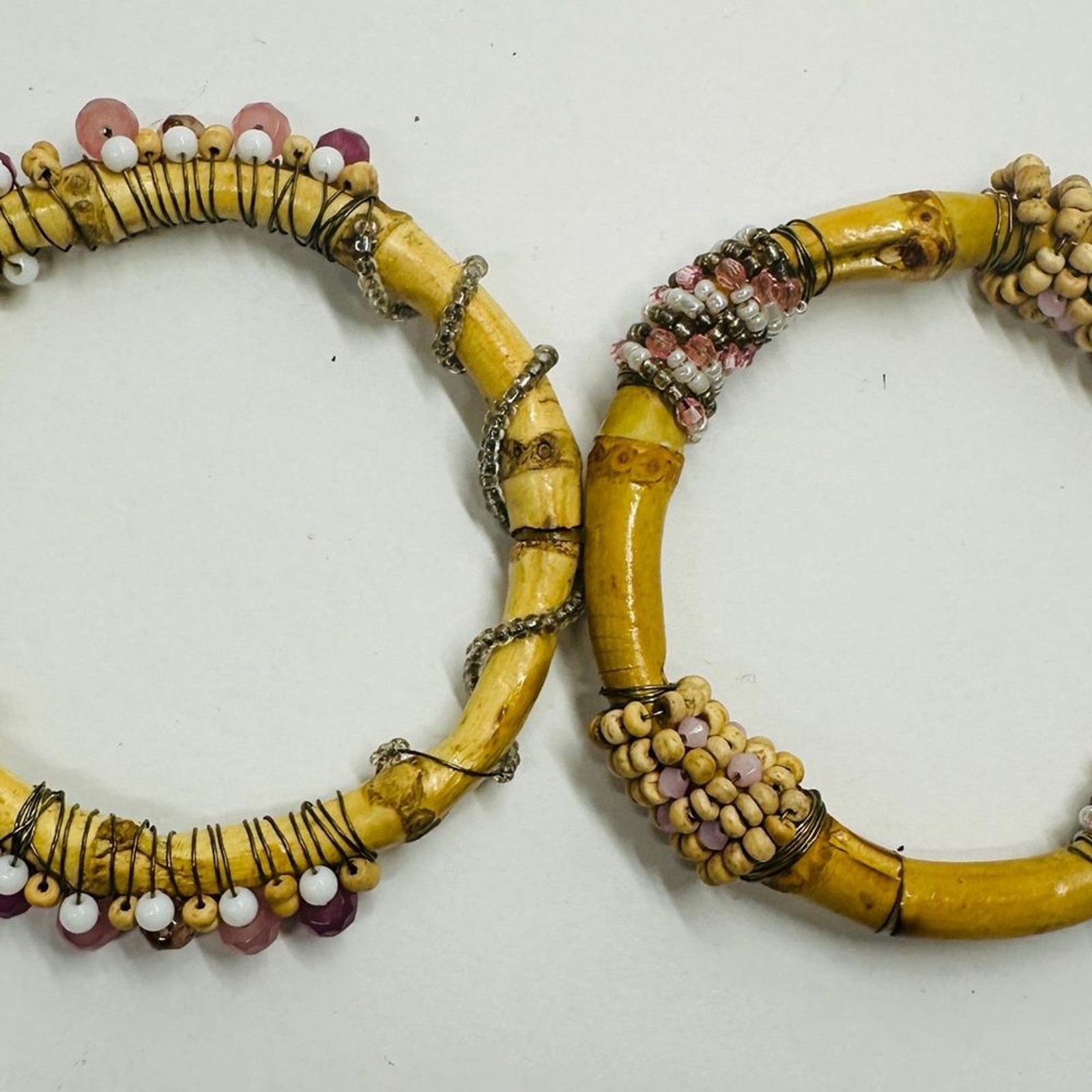 Two Vintage Hand Crafted Bamboo Bangle Bracelets With Pink White & Tan Beads